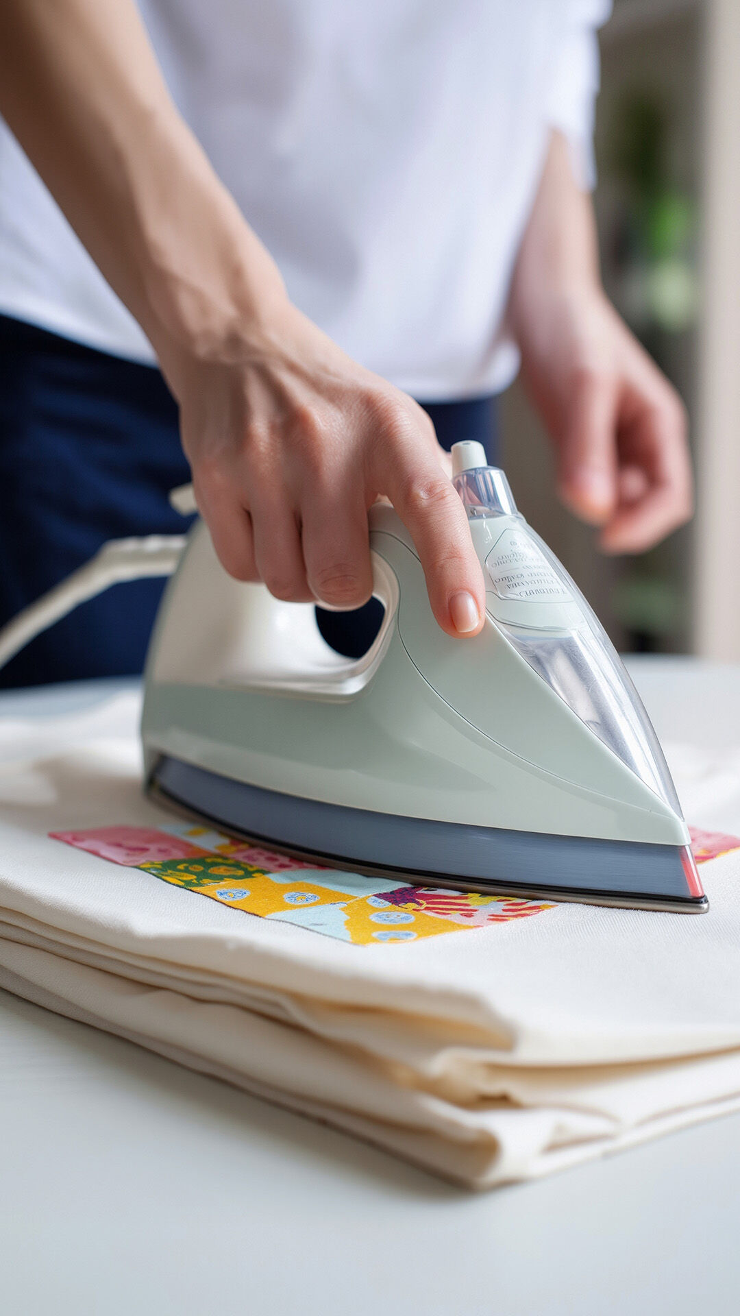 Steam iron pressing a folded kurta with embroidered detail, highlighting kurta ironing care for different fabrics.